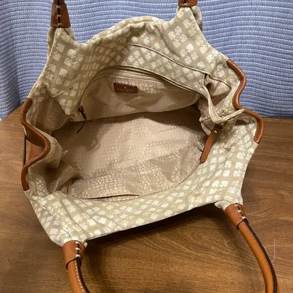 Large Kate Spade Tote Bag Brown Leather & Canvas W/ Wallet & Dust Bag - Picture 10 of 13